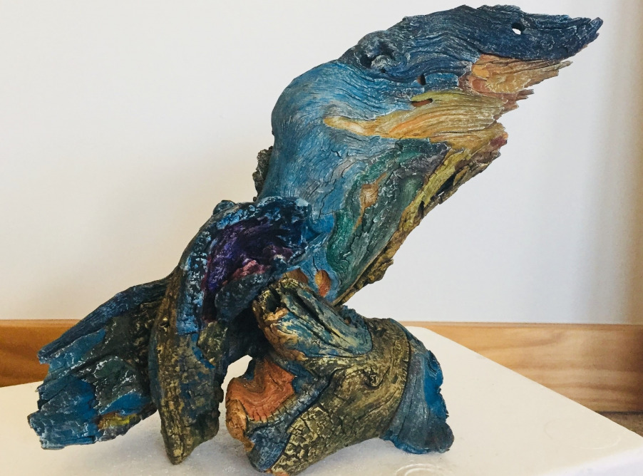 Eel, standing sculpture, Lorelei Stumbo, Pine wood from Nederland CO area and Oils, 13" x 10" x 6"